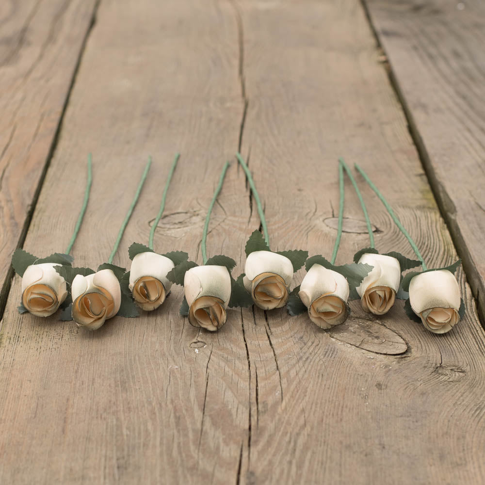White/Olive Closed Bud Roses 8-Pack - The Original Wooden Rose