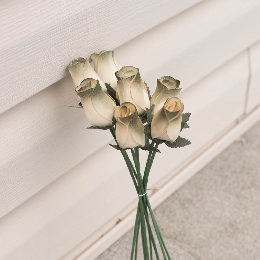 White/Olive Closed Bud Roses 8-Pack - The Original Wooden Rose