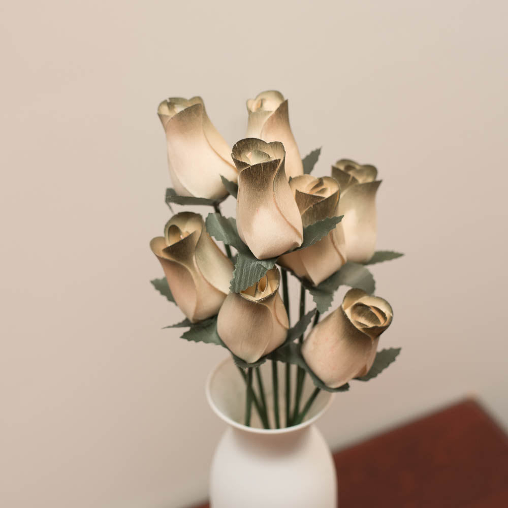 White/Olive Closed Bud Roses 8-Pack - The Original Wooden Rose