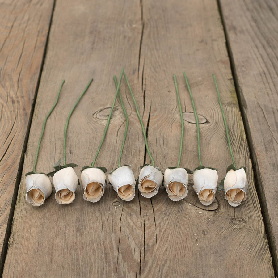 White/Silver Closed Bud Roses 8-Pack - The Original Wooden Rose