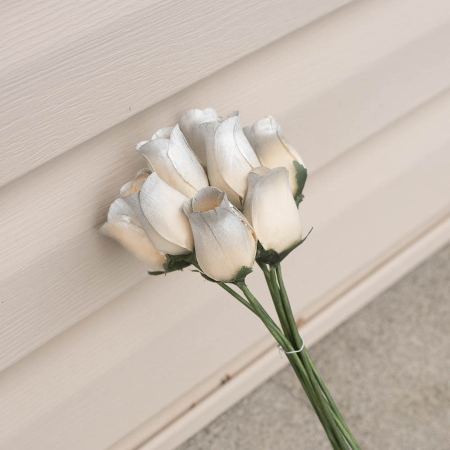 White/Silver Closed Bud Roses 8-Pack - The Original Wooden Rose