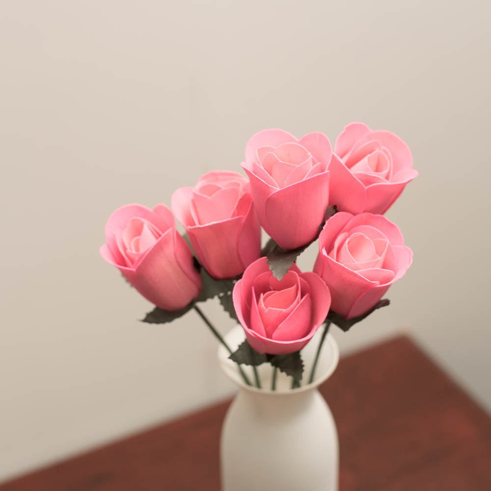 Pink Half Open Roses 6-Pack - The Original Wooden Rose