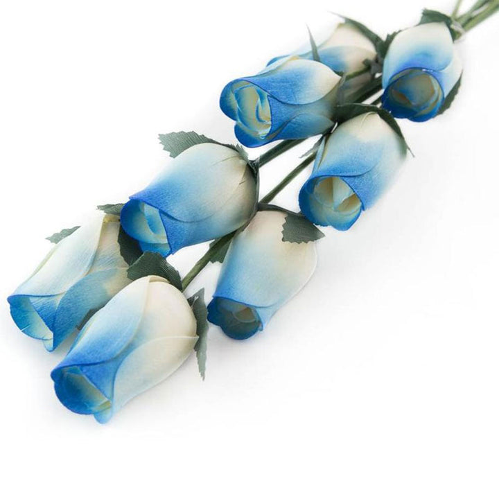 White/Blue Closed Bud Roses 8-Pack - The Original Wooden Rose