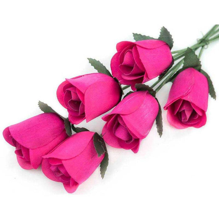 Hot Pink Half Open Roses 6-Pack - The Original Wooden Rose